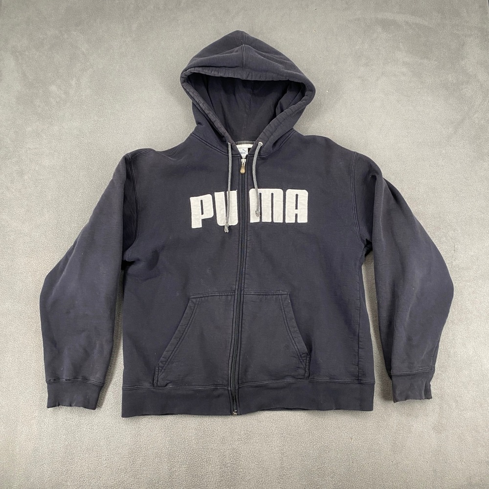 Puma Mens Full Zip Hoodie Faded Black White Logo Fleece Sweatshirt Size M H171